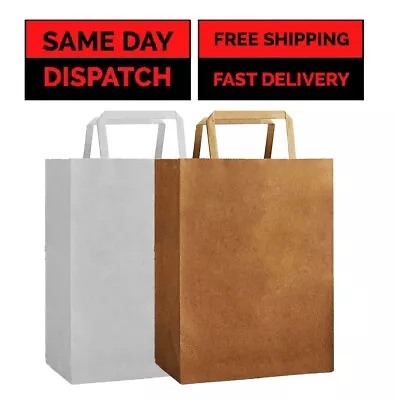 10 X Paper Bags With Flat Handle Kraft Takeaway Carrier Bag For Shopping • £3.55