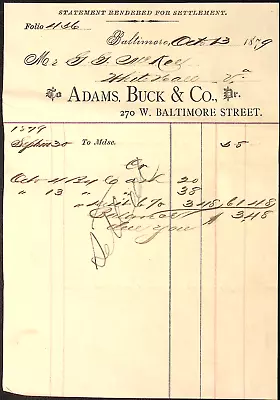 1879 Adams Buck & Co Billhead  BALTIMORE MD AS292 • $12.34