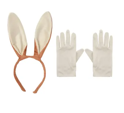 Kids Brown Bunny Rabbit Ears Headband & White Gloves Fancy Dress Costume Peter • £3.49