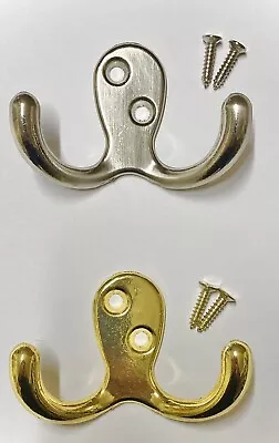 Double Robe Coat Hooks Door Bedroom Bathroom Clothes Chrome Brass Hangers £2.49 • £2.69