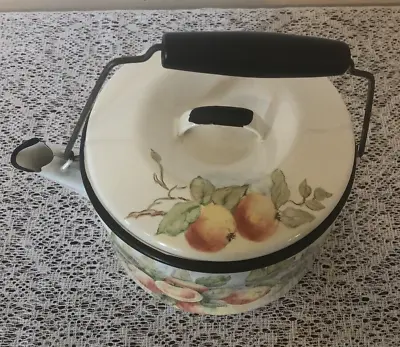 Vintage Tea Kettle Teapot Hand Painted Fruit Signed Metal Enamel Grannycore • $29