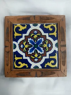 Mexico Tile Trivet Hand Carved Wood Frame Dal-Tile Folk Art • $15.99