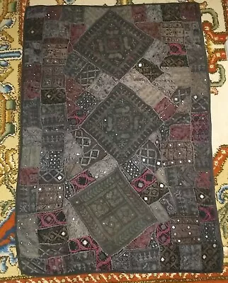 Indian Embroidered Hand Mirror Work Blanket Throw Antique Large Patchwork Quilt • £20