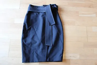 Zara Basic Black Fashion Skirt Classy W White Stitching Attached Belt S • $28.99
