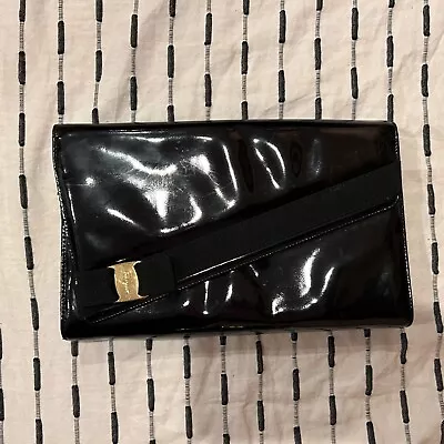 Salvatore Ferragamo Patent Leather Clutch Black Purse Small Vintage Retro Bow • $79.99