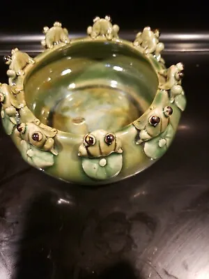 9 Green Frogs On Rim Glazed Bowl/Planter  6  Inch Wide X 3  High China New • $12.47