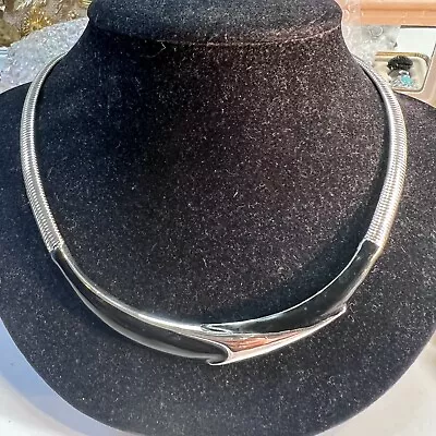 Vintage Signed Monet Silver Tone Black Enamel Omega Choker Necklace • $24.95