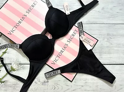 VICTORIA'S SECRET SWIM Shine Strap Sexy Tee Push-Up Bikini Thong Set BLACK • $142.77