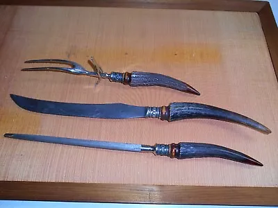 Vintage Meriden Cutlery Co. 3 Piece Carving Set With Stag Horn Handles • $84.75