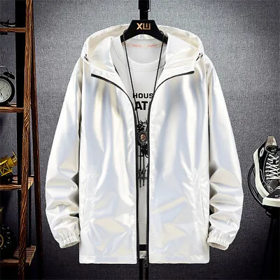 Metallic Jacket For Men's Solid Zipper Sparkle Shiny Hooded Windbreaker Casual • $25.39