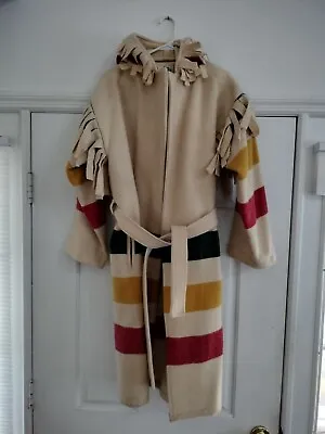 Vintage WOOLRICH HUDSON BAY Stripe Capote Fringe BLANKET Coat Pointy Hood Size M • $547.37