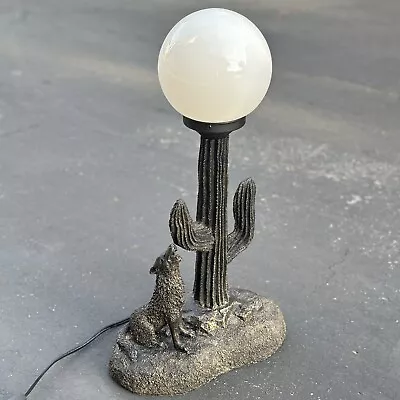 Vintage Table Lamp Figurine Black Western Desert Cactus Coyote Wolf 20  • $79.95