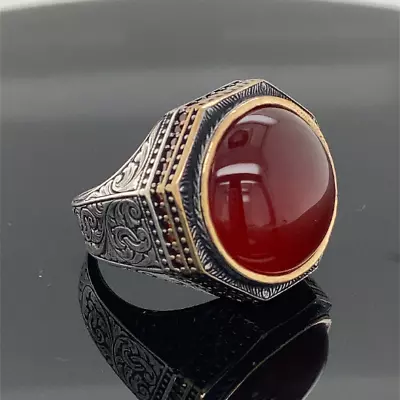 Men Handmade Ring  Red Agate Stone Ring  Silver Round Ring  Pen Men's Ring • $75