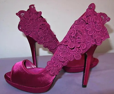 NEW KAREN MILLEN Size 4/37 Magenta Satin High Heel SHOES 3D Floral Lace £140 • £65