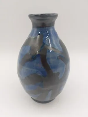 Vtg Pottery Vase Cobalt Blue/Black With Matte & Glossy Finish  ~Signed~ MINT • $45.42
