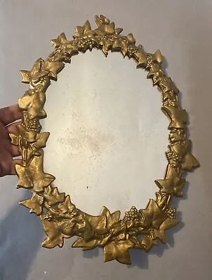 Antique Victorian Cast Metal Hanging Mirror Or Plateau Berry & Leaf Decoration • $229