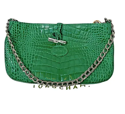 LONGCHAMP Green Crocodile Embossed Leather Purse Silver Chain Strap • $75