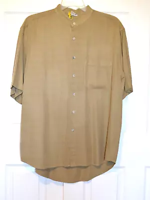 The Territory Ahead Silk Shirt Men's XL Beige Short Sleeve Nehru Band Collar • $35.99