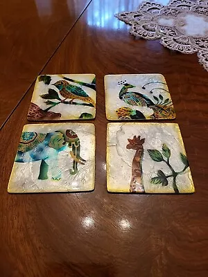 Vintage Mother Of Pearl Artisan Coasters Birds Elephant Giraffe Set Of 4.... • $19