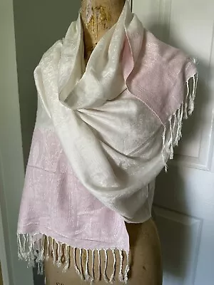 Cashmere Womens Scarf  Wrap Pink White Paisley Tasseled 77x27” Pastels Feminine • $32