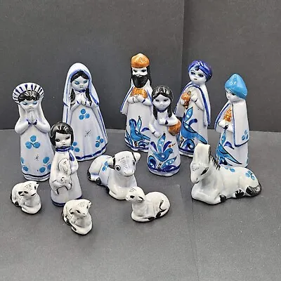 Vintage 12 Piece Tonala Mexico Handpainted Blue Pottery Christmas Nativity • $28