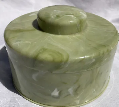 Vintage Green Marbled Powder Jar Hard Plastic Art Deco Style Lidded Dresser • £35