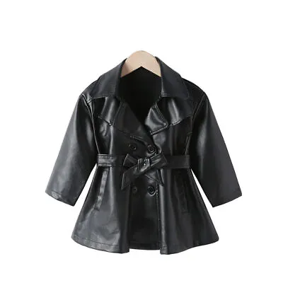 Black Faux Leather Belted Infant/ Girl/ Toddler Jacket Sizes 2T-7T Free Shipping • £23.25