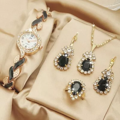 Watch Gift Set 5 Piece Crystal Earrings Necklace Pendant Adjustable Ring Black • £8.79