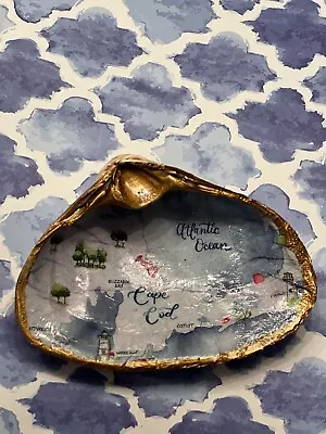 CAPE COD Ring Trinket Dish CLAM Shell Decoupage Coastal GOLD BUZZARD BAY • $22.99