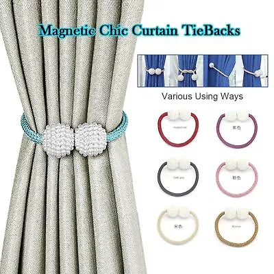 1 Pair Magnetic Curtain Tiebacks Tie Backs Buckle Clips Weave Rope Holdbacks Hom • £4.98