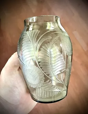 Antique Etched Bohemian Glass Sunflower Vase Carved Glass Czechoslovakia Mark 6” • $49.99
