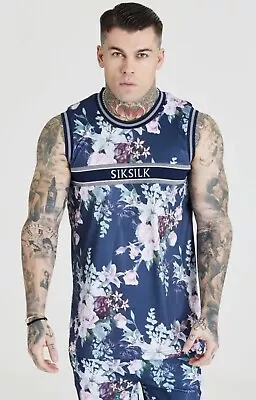 SikSilk Mens Navy Botanical Print Vest - Size Medium • £29.99