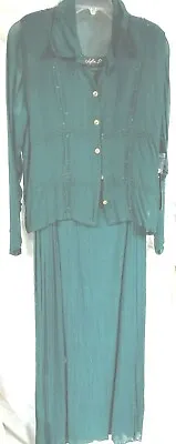 Lola P Long Embroidered Sleeveless Dress Long Sleeve Sheer Jacket Size M Dk Grn • $27.50