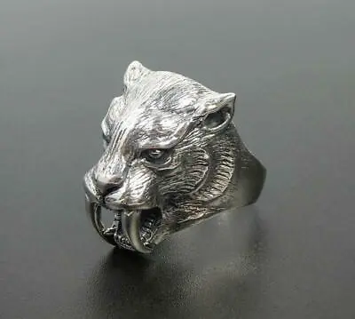 Heavy Solid 925 Sterling Silver Large Saber Tooth Tiger Mens Ring Size 11 12 • $75