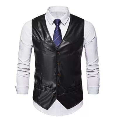 Business Men Faux Leather Waistcoat Jacket Coat Motorcycle Formal Working Coat • $29.25