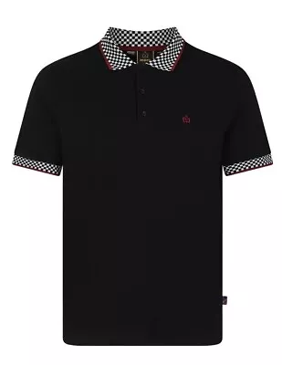 Mens Merc London Checkerboard Trim Cotton Polo Shirt Garfield - Black • £49.99