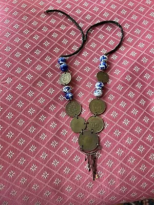 Vintage Peruvian Sol Coin Vicuna Necklace Blue Ceramic Beads Black Leather Cord • $25