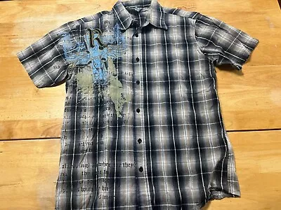 ROAR Large Multicolor Plaid Embroidered Forward Button Up Shirt Short Sleeve A04 • $21.20