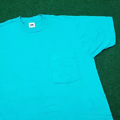 Vintage Fruit Of The Loom Shirt Mens M Blue Blank Tee Single Stitch 80s Pocket • $29.95