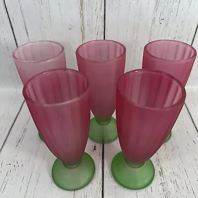 Vintage Libbey Satin Frosted Sundae Glass Watermelon Colors 7.5  (5) Glass Set • $40