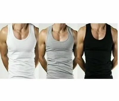  MEN'S VESTS 100% Cotton TANK TOP SUMMER TRAINING GYM TOPS PACK PLAIN S-2XL • £3.99