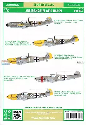 1/32 Eduard Decals #D32004 Messerschmitt Bf109E-4 Adlerangriff Alte Haden • $23.95