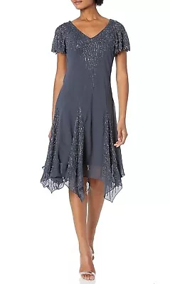 J Kara Women's Hanky Hem Beaded Grey Cocktail Dress Size 12 • $69