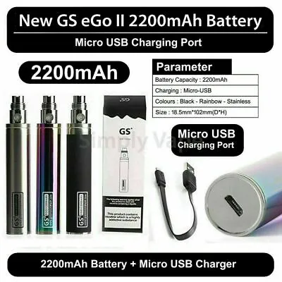 Original GS EGO 2 E Cig 2200mah Shish Cigarette Battery MICRO USB CHARGER MODEL • £11.49