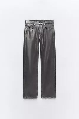 Sold Out Zara TRF Metallic Foil Low Mid Rise Straight Wide Leg Denim Jeans • £38.99