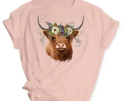 Highland Cow Pink T Shirt Fashion Top Ladies Women Gift Loungewear New Graphic • £9.49