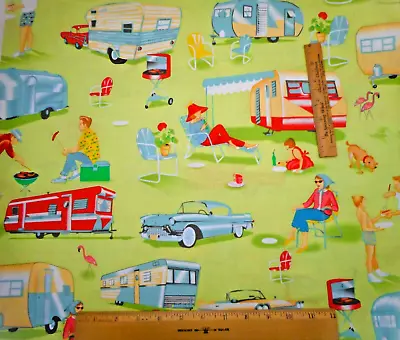 Quilt Fabric 1 1/8 Yard  1950 Travel Trailer Camping Cars Scene Green Cotton Vtg • $11.25