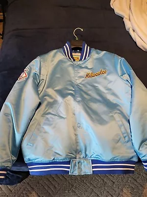 Men's Mitchell & Ness Light Blue MLB Milwaukee Brewers Heavyweight Satin Jacket • $100