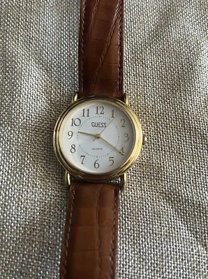 Vintage VTG Guess 1989 White Dial Round Gold Tone Case Brown Leather Band Watch • $29.95