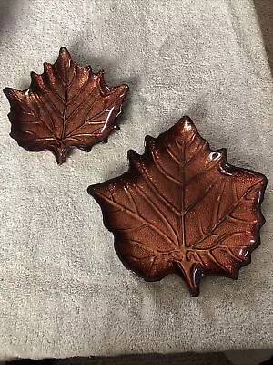 Vintage Fall Nesting Thick Glass Amber Maple Leaf Candy Trinket Dish Set Of 2 • $24